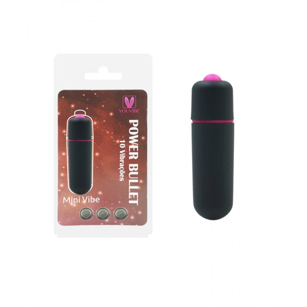 Vibrador Bullet Power 10 Vibra��es Preto na embalagem, com imagem do produto ao lado