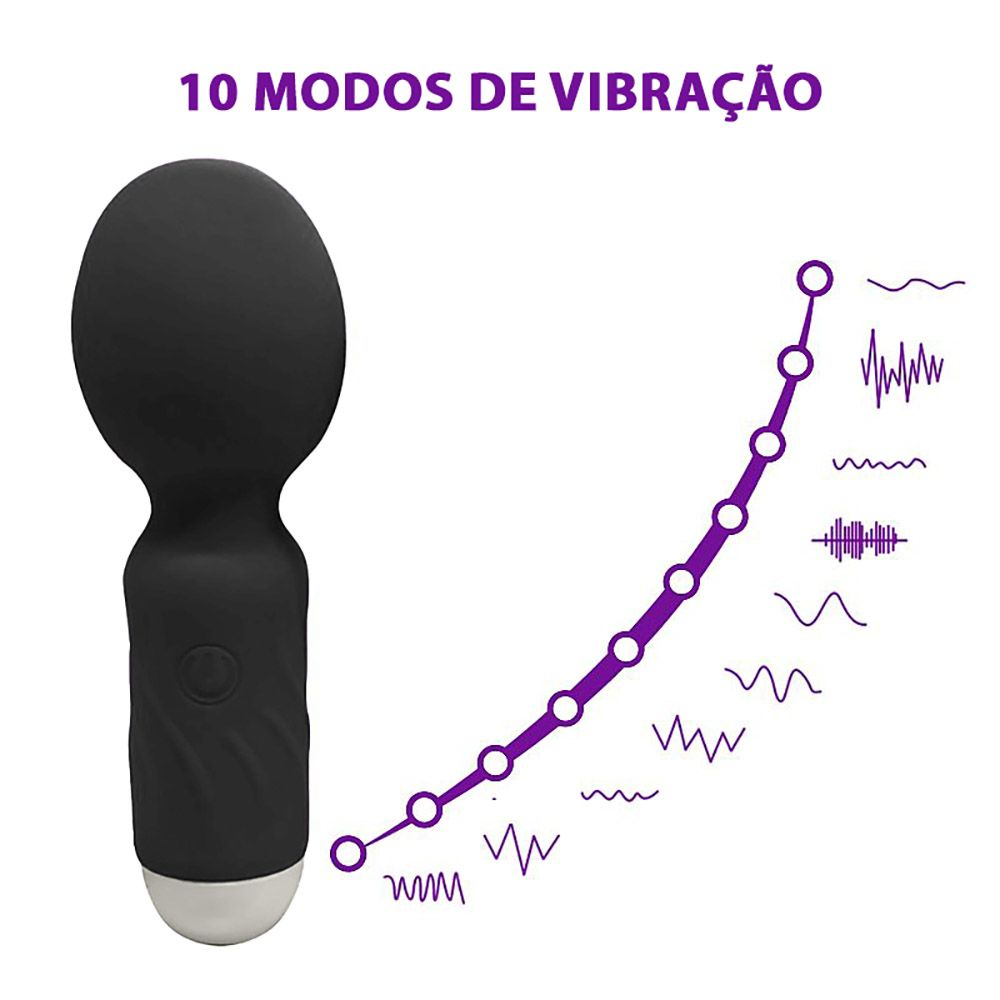 Massageador Er�tico Mini Recarreg�vel Hero Preto com 10 modos de vibra��o indicados na imagem.