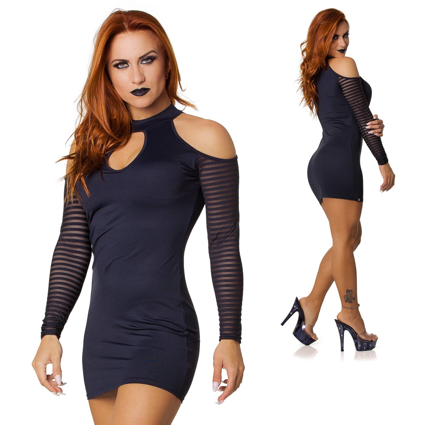 Vestido Sensual Manga Longa e Gola Alta Preto, detalhe dos recortes no ombro e gola alta
