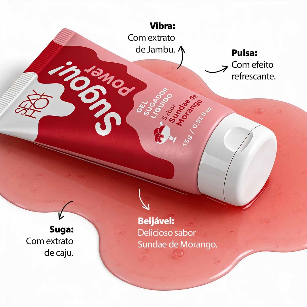 Gel Sugador L�quido Sugou! Power 15g - Suga, Pulsa e Vibra Sabor Sundae de Morango | Em uso, aplicado na pele