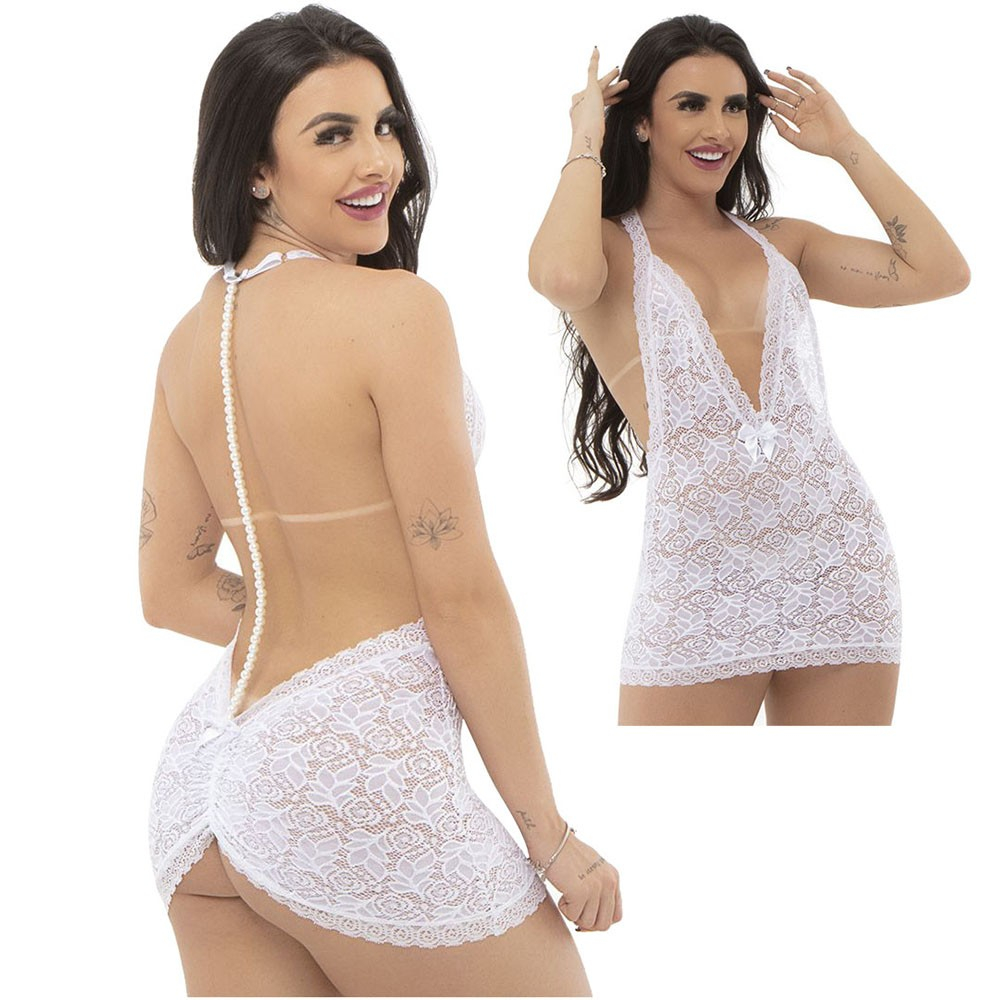Camisola Sensual Sexy em Renda com P�rolas e Franzido Atr�s Madeleine Branco, vista traseira e frontal combinadas