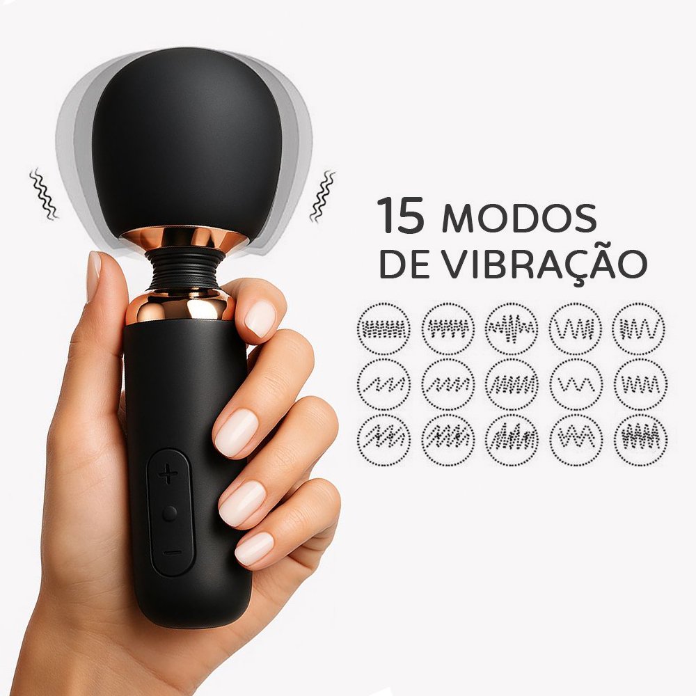 Massageador El�trico Varinha M�gica Joane em silicone preto, mostrando os 15 modos de vibra��o