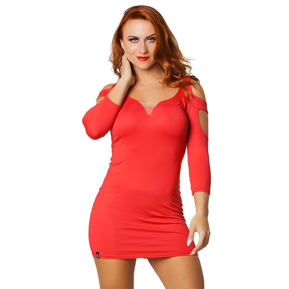 Vestido sensual vermelho com decote em V e tule ilusion, vista frontal