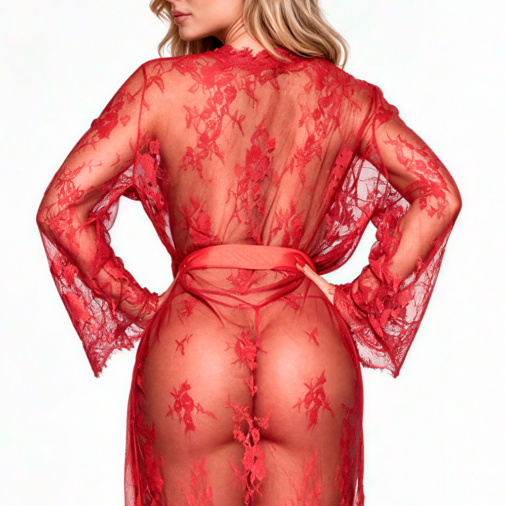 Robe longo em renda delicada vermelho, com faixa de amarra��o, em vista traseira