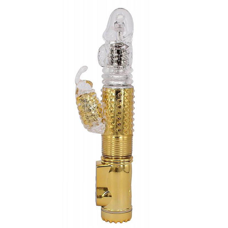 Vibrador Rabbit com Vai e Vem, Multivelocidade Dourado em posi��o lateral mostrando as texturas e o formato ergon�mico