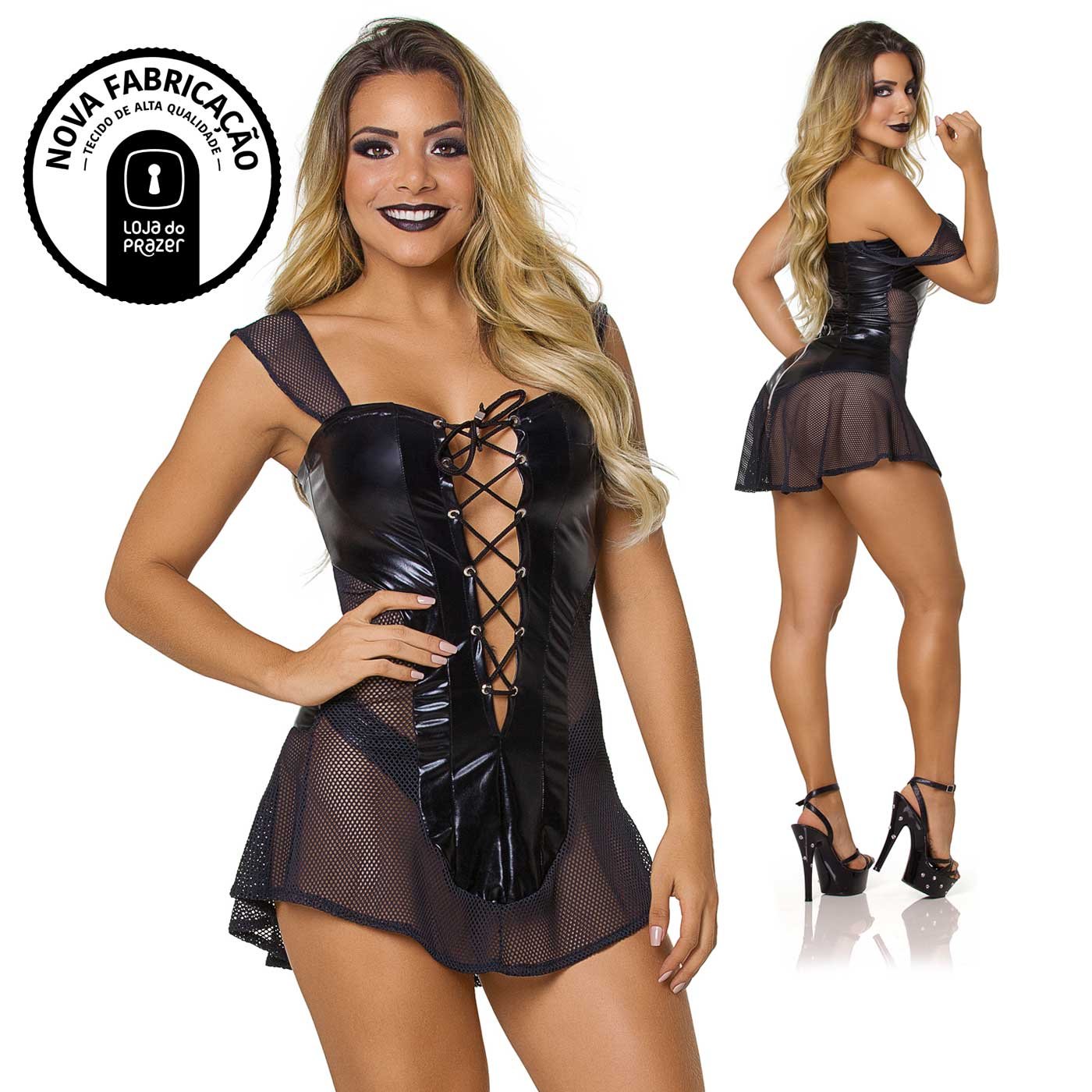 Detalhe do Vestido Sensual Excited Preto, close na renda e tule transparente