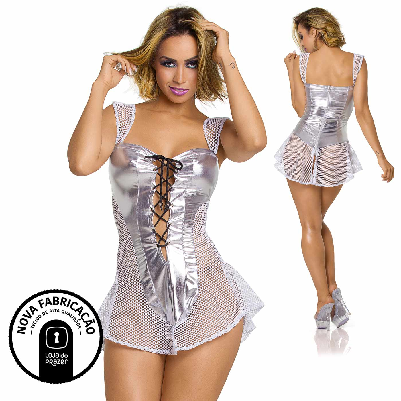 Vestido Sensual Excited Prata, close na amarra��o frontal e tela na lateral