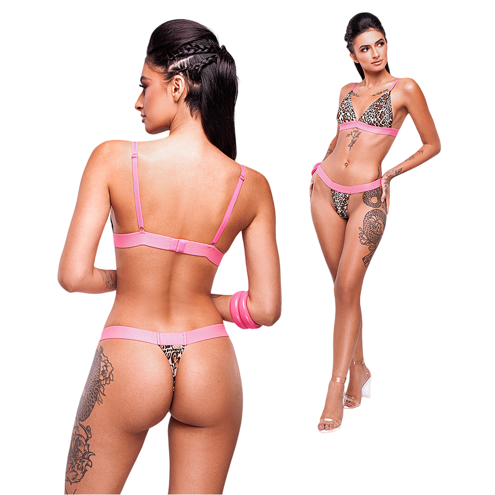 Conjunto Sensual Sexy Fio Dental em Poli�ster com El�stico Pink com On�a | Vis�o Traseira
