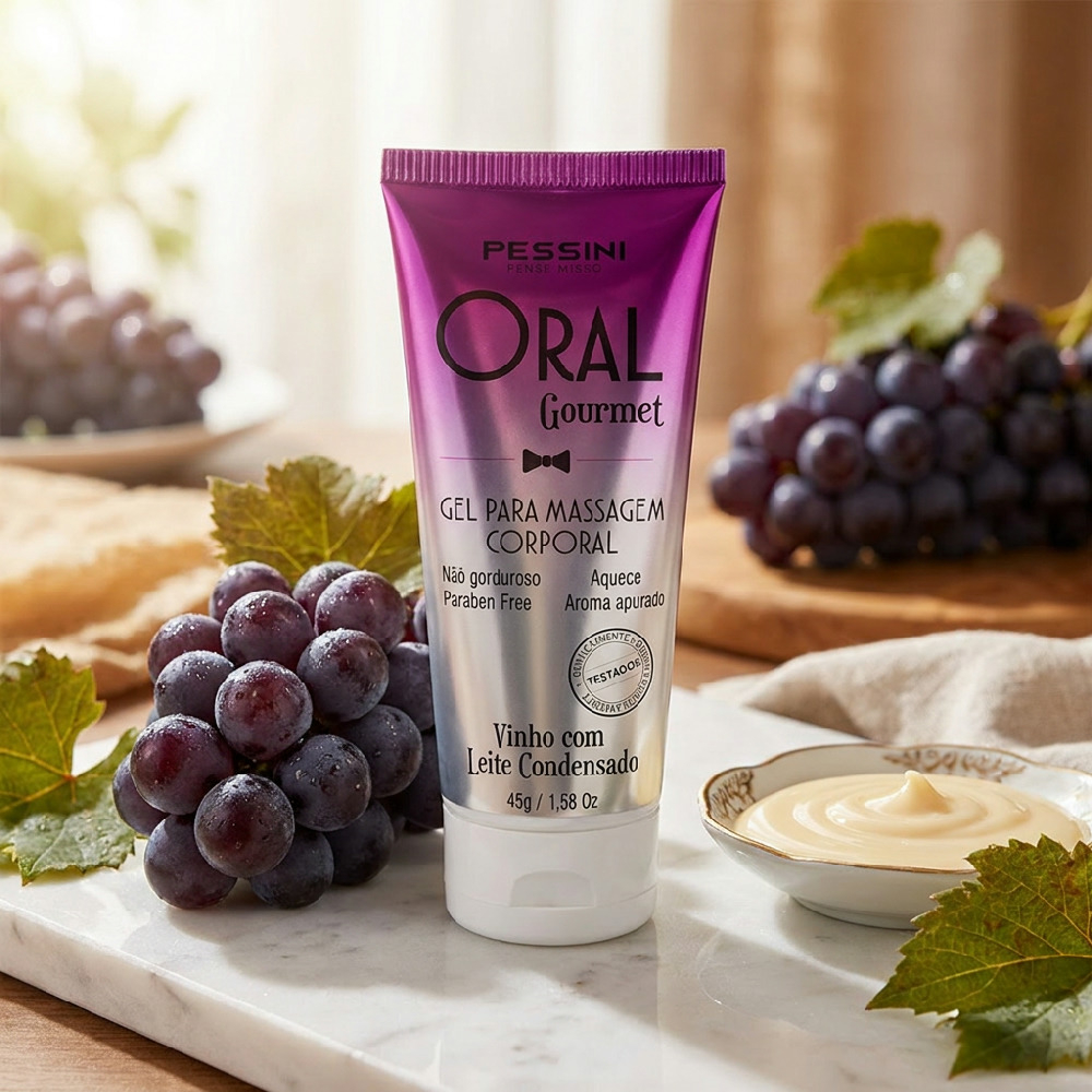 Gel para Sexo Oral Oral Gourmet Vinho com Leite Condensado 45g em cen�rio com uvas e um pequeno pote de leite condensado, destacando o ambiente gourmet