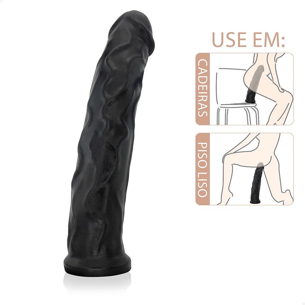 P�nis Gigante e Grosso Flex�vel Caralho 38 x 6,7cm Preto, uso com base em cadeiras e piso liso