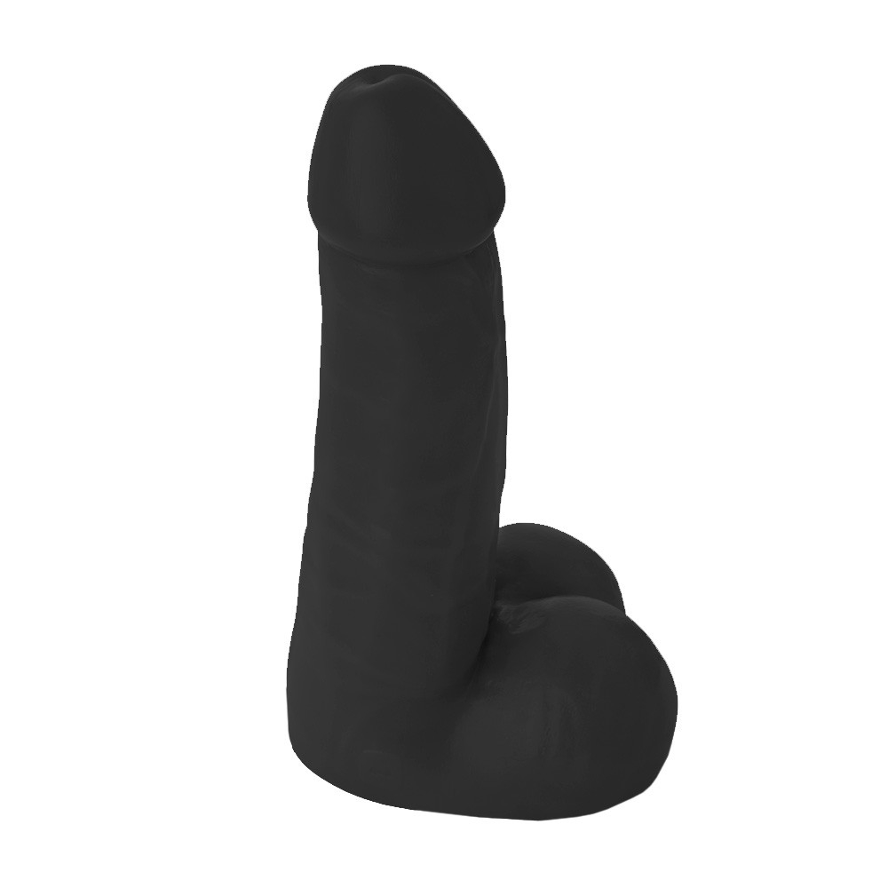 P�nis Gigante e Grosso Flex�vel com Escroto Poderoso 32 x 10cm Preto em close-up, mostrando a textura lisa e a cor preta profunda