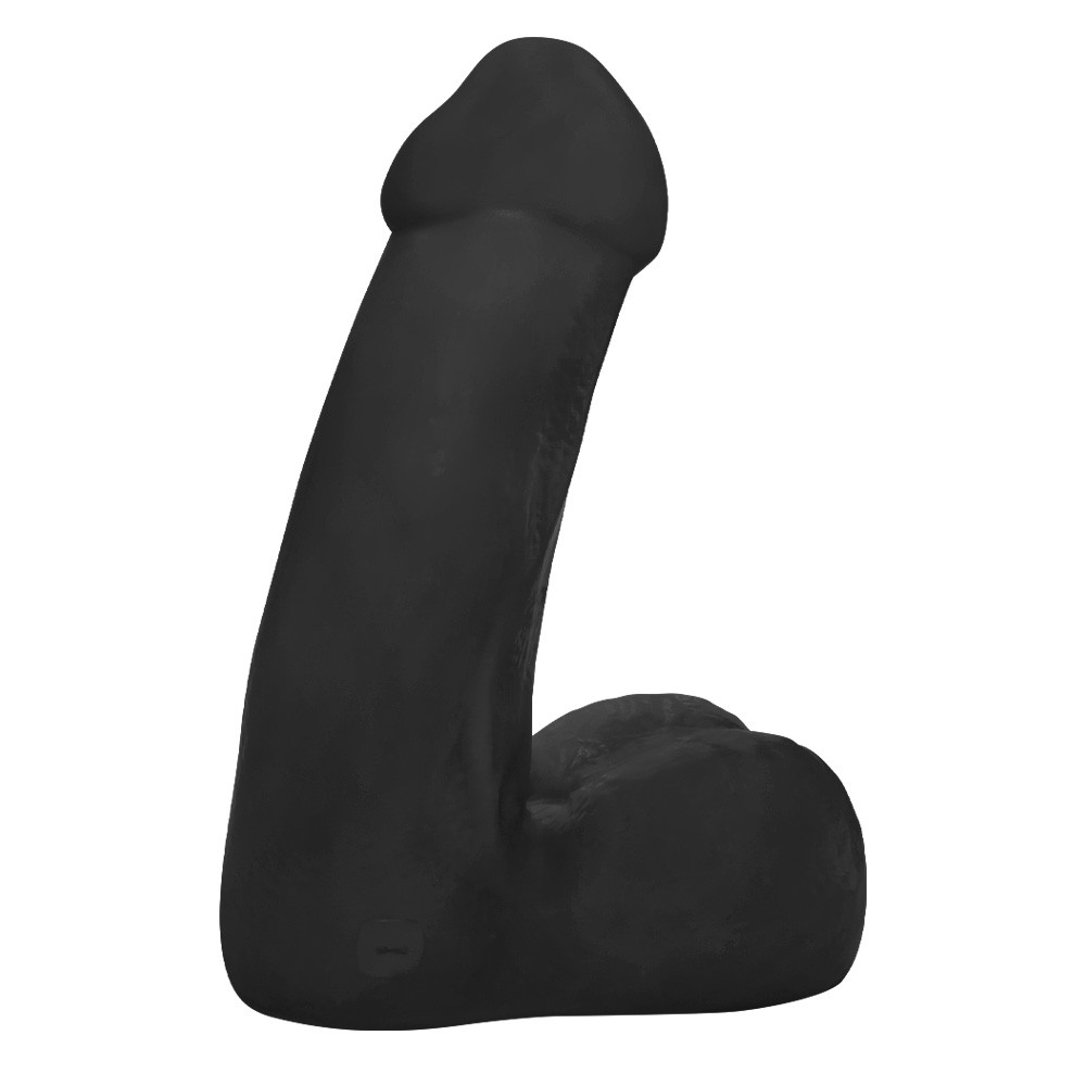 P�nis Gigante e Grosso Flex�vel com Escroto Mi�do 32 x 10cm Preto - Detalhe frontal da cabe�a arredondada e corpo robusto