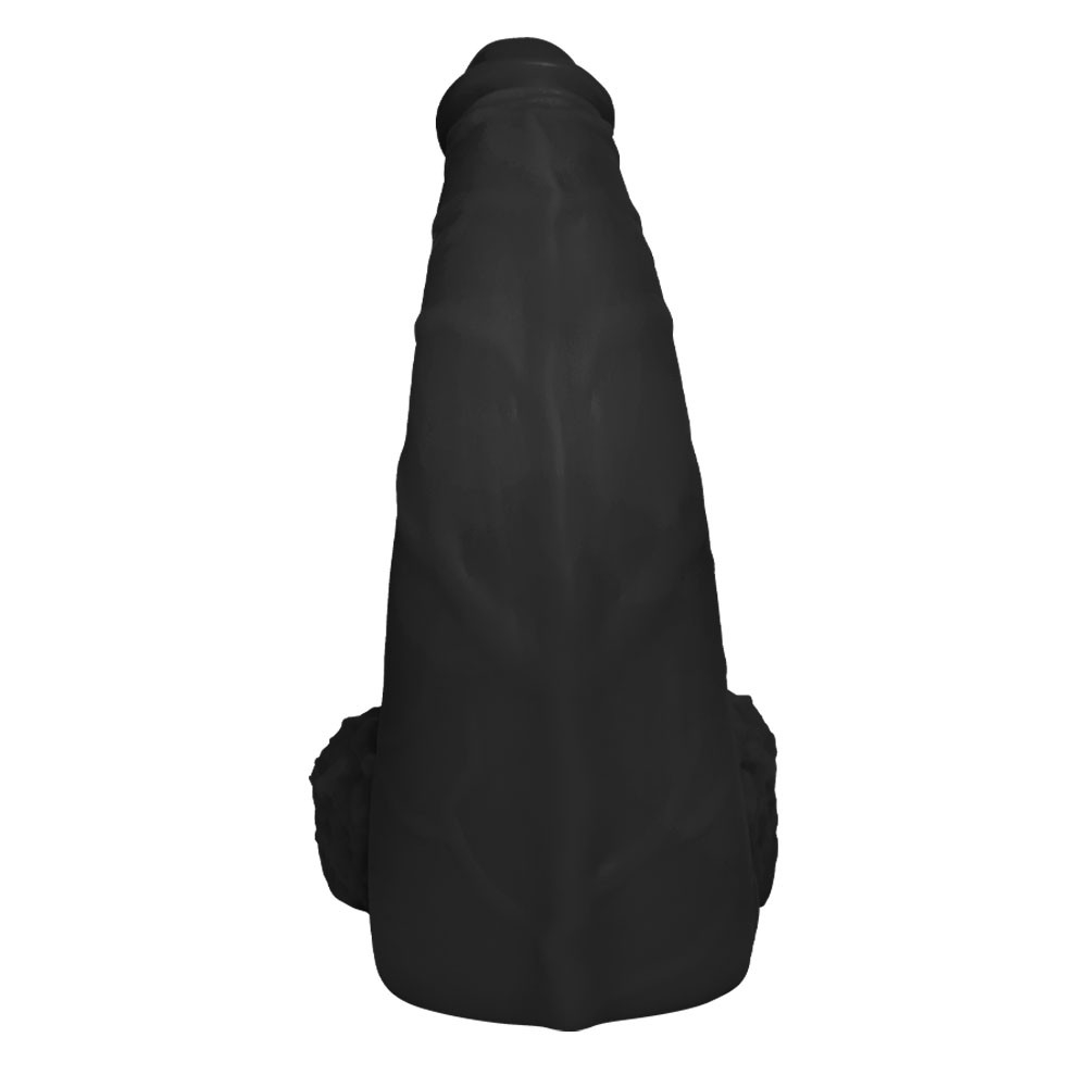 P�nis Gigante e Grosso Flex�vel com Escroto Profundo exibindo Base para Cinta e detalhes do material 100% � prova d'�gua