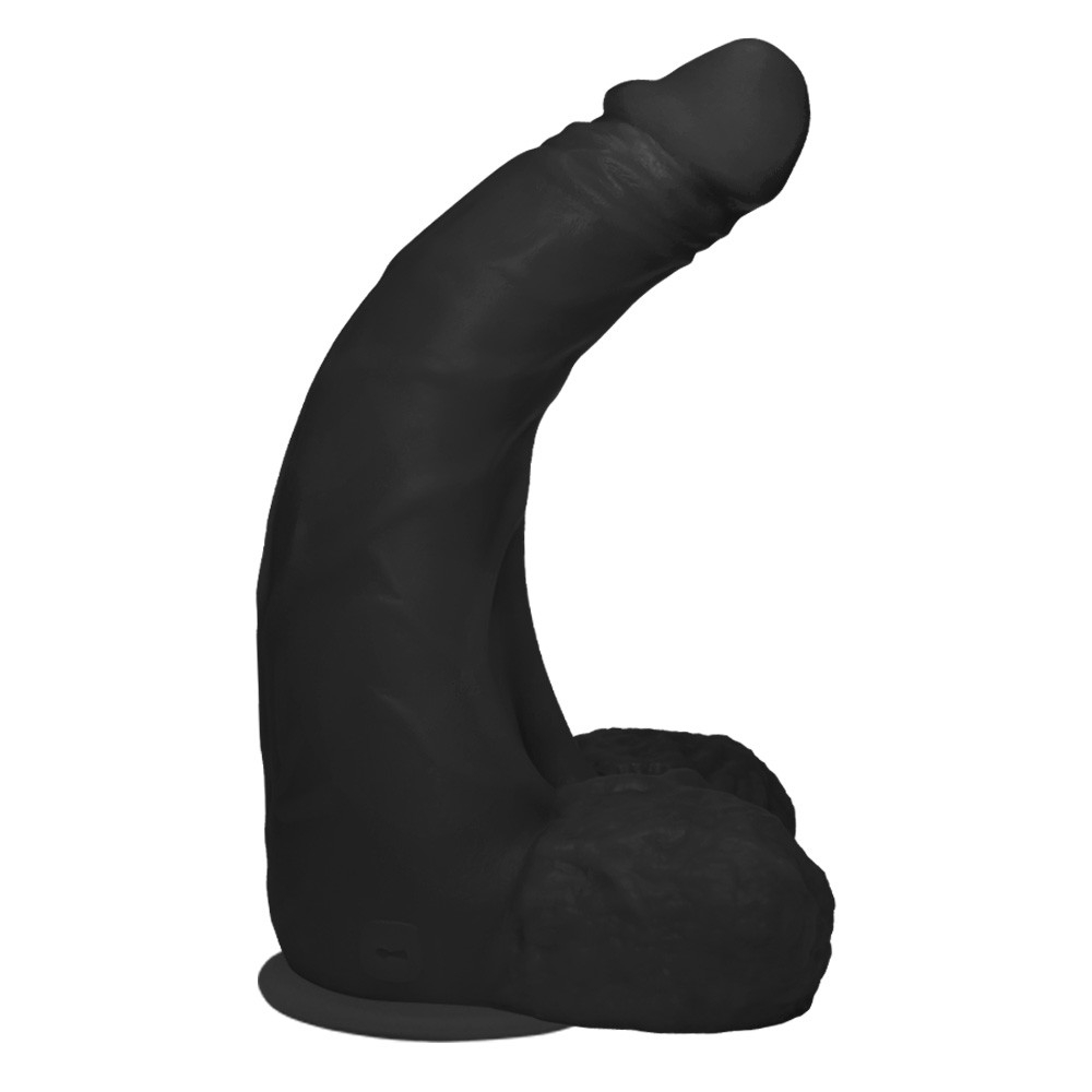 P�nis Gigante e Grosso Flex�vel com Escroto e Ventosa Profundo 36 x 10cm Preto - Vista lateral, evidenciando a curvatura e o escroto modelado.