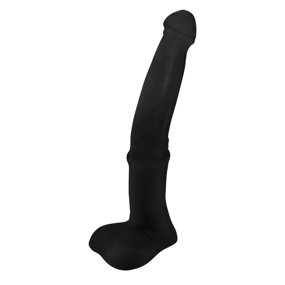 P�nis Gigante e Grosso Flex�vel com Escroto Minotauro 41 x 8,5cm Preto - Vista lateral do dildo com detalhes do formato e escroto.