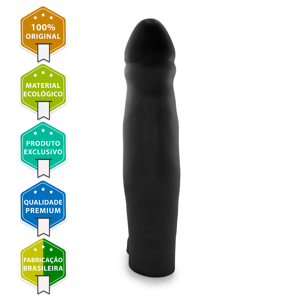 P�nis Duplo Gigante e Grosso G�meos em PVC flex�vel, vista lateral do dildo maior destacando suas curvas e o material preto