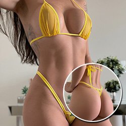 Conjunto Sensual sem Bojo com Suti� Cortininha e Calcinha Micro Nano Fio Dental Amarelo