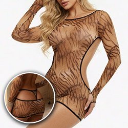 Vestido Sensual Ousado Sexy em Tule Transparente sem Bojo com Calcinha String Animal Print Tigre