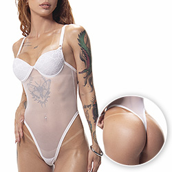 Body Cavado Sensual Sexy em Tule e Renda com Bojo, Aro e Regulagem Branco